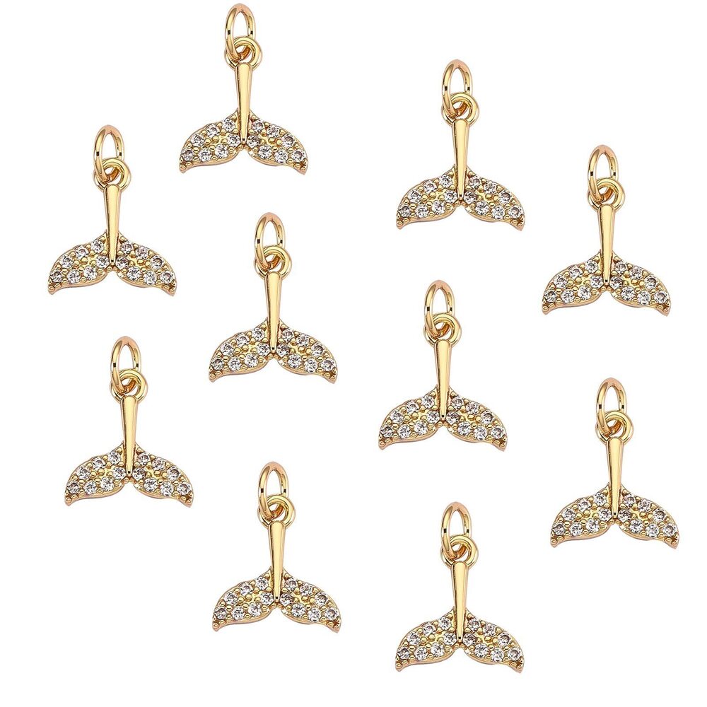 5623 10 Pieces Mermaid Tail Shape Charms Brass Pave Cubic Zirconia Pendant